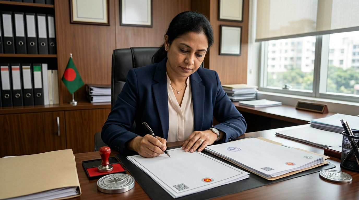 Official e-Apostille QR code sticker on a Bangladesh Police Clearance Certificate.